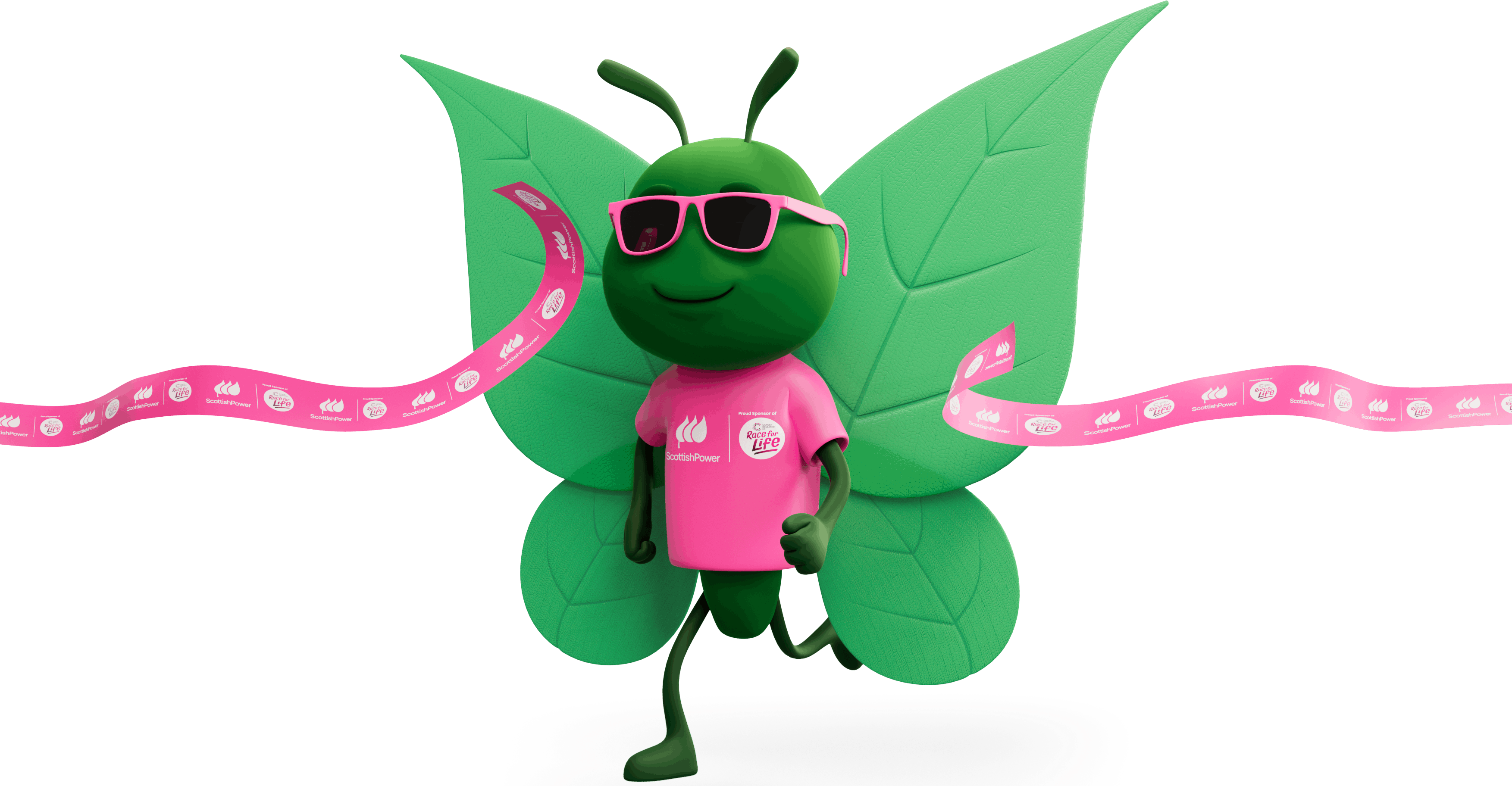 Bruce the butterfly wearing a pink shirt and sunglasses confidently crossing a pink finish line.